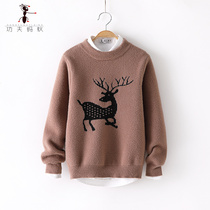 Autumn and winter boys sweater round neck middle and small children pullover fawn knitted bottoming shirt winter warm line shirt 3811