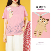 HIKOSEN CARA KARA CAT LOOSE SHORT SLEEVES T-SHIRT SUMMER CLIP DOLL CUTE PINK CAT GIRL TOP