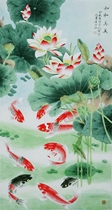 Famous Yu Zhizhen style fine brushwork flowers and birds (13) Chinese painting lotus nine fish picture carp hand-painted large six feet Vertical