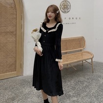 Fanchy 2021 new gold velvet long sleeve dress Noble foreign style lace stitching temperament waist slim skirt