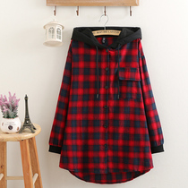 Fat mm autumn wear new Korean version of large size loose 200kg belly coat coat fat woman hooded plaid shirt Women