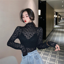 Spring and autumn new semi-turtleneck lace base shirt womens long-sleeved inner exquisite small shirt Western style embroidered hollow top