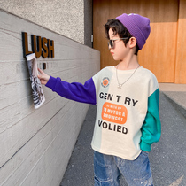 Boys autumn long-sleeved T-shirt Childrens autumn top Middle and large childrens base shirt round neck stitching 2021 new Korean version