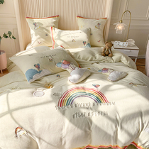 Winter bed four-piece coral fleece double-sided fleece cartoon children rainbow embroidery milk fleece padded warm quilt cover