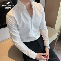 Fugui bird V collar shirt for men long sleeves slim fit trends handsome and casual yuppie hairstylist pure color shirt