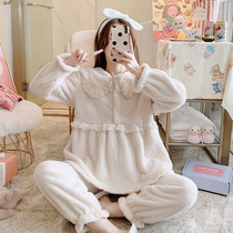 Big lapel Korean bubble velvet autumn and winter thick warm pajamas coral velvet lady long sleeve home clothing two-piece set