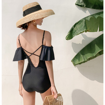 ins wind word shoulder sexy one-piece bikini size chest gathered to cover the belly thin conservative hot spring swimsuit women