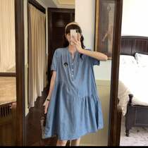 Pregnant woman Libra dress Summer slim fit 2022 new big code Loose Ocean Qi-laces Cowboy Shirt Skirt