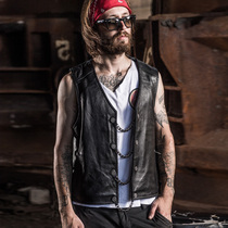 Harley motorcycle vest Mens leather vest leather vest head layer cowhide horse clip leather Waistband chain decorative labeling