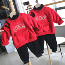 Clearance winter boys and girls Tang suit plus velvet padded two-piece set children warm Tang set 1122