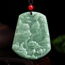 RMBone Auction Natural Emerald Lake Color Spring Photo Landscape of ice Jade Pendant Pendant Men Necklace Yupe