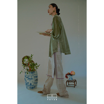 TUYUE coated moon design Chinese silver grey acetate woven satin face Western pants plaid dark tattoo wide leg casual long pants