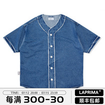 LAPRIMA21AW BU SHIRT DENIM DENIM BASEBALL SHIRT AMERICAN RETRO MIRROR EMBROIDERY CITYBOY