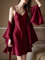 Chic know Sexy Silk Pajamas Women's Spring Autumn Premium Sensual Bride Morning Robe Red Two Piece Set