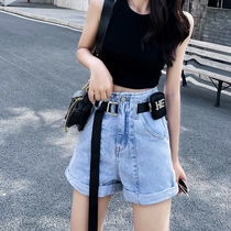  Denim shorts womens summer loose and thin ultra-high waist adjustable belt net red design sense crimped a-line hot pants