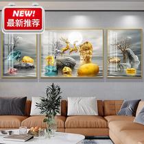 New Chinese living room decoration painting modern simple light luxury sofa background wall big c gas hanging painting Fortune deer triptych