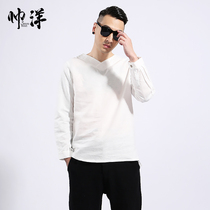 Chinese style cotton and linen mens T-shirt long-sleeved autumn Chinese retro T-shirt mens pullover V-neck T-shirt Zen