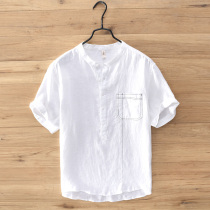 Day Series Fresh Pure Linen Short Sleeve Shirt Men Summer Loose Casual White Cover Head Round Cotton Linen Lining