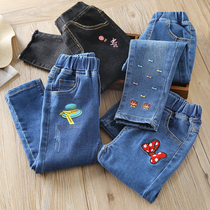  Girls  jeans 2019 autumn new middle and large childrens western style Korean childrens wild embroidery small feet long pants tide