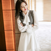 Hong Kong boomer 100 hitch long style dress 2021 autumn new womens dress Han version of a slim snowspun A character dress