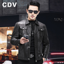 Wax-like sheep Haining leather leather mens short lapel tooling multi-pocket leather jacket casual fashion jacket