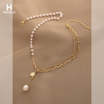 Flower Design Pearl Necklace Female Double Stacked Retro Turquin Chain Cold Venture Neck Chain