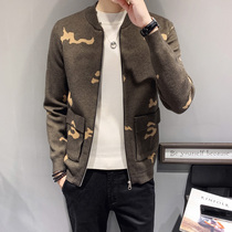 Tide-card sweater knit cardigans for mens spring and autumn Korean version trendy ruffes and casual camouflares jacket needlesweaters jacket