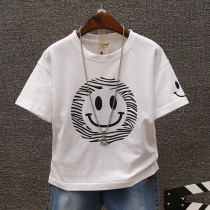 Boy pure cotton CUHK Scout children Short sleeves T-shirt 2022 Summer new printed smiling face half sleeve blouses