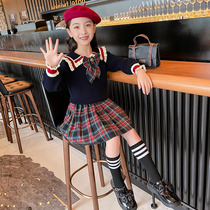 Girls College Style Skirt 2022 New Western Style Kids Uniform JK Red Girls Autumn Sweater Two Piece Set