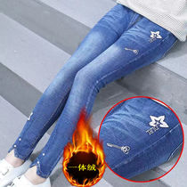 Girls plus velvet jeans new middle school children thick junior high school students one velvet winter foreign style 14-year-old girl pants