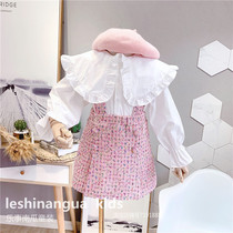 2020 autumn temperament in the small girl big lapel long sleeve shirt strap color dot short skirt suit 5863