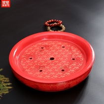 Red porcelain big tea boat double-layer dual-use wedding celebration gift tea tray Red double Happiness Red glaze tea washing tea storage tray