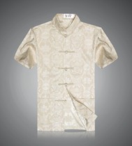 Summer mulberry silk short-sleeved Tang suit shirts for middle-aged and elderly men casual fattening and enlarged Chinese-style buckled silk blouse