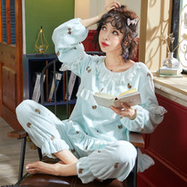 Pajamas autumn and winter Korean version of cute flannel round neck warm long-sleeved trousers sweet outdoor wear home clothes two-piece suit