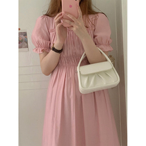 YouZIQI French pink dress white gentle skirt round bubble sleeve waist middle and long dress female summer