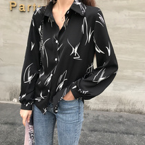 2021 Spring and Autumn New Korean version of foreign style loose retro Hong Kong flavor long sleeve printed shirt blouse design sense
