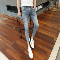 2021 New ankle-length pants jeans small feet pants broken hole slim Korean version of mens light color ankle-length pants Tide mens pants