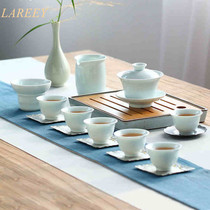 LAREEY Green China Qigong Fu Tea Suit Home Living Room Tea Art Small Sleeve Tea Cup Ceramic Cover Bowl Set Tea Gift Box