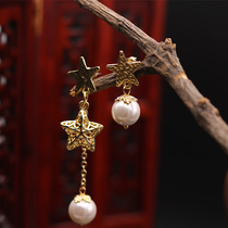 Original Pentagram Star Ear Pendant Length Subsection Asymmetrical White Pearl Earrings Japan South Korea Fashion Little Crowdwear Ear Nail