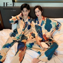 IF-KANN spring and autumn Korean version silk mens home clothes casual loose large size tie ice silk couple pajama suit women