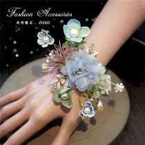 ins Mori wrist flower bride blue flower hand flower green bracelet high-end Rhinestone Wedding gift creative gift