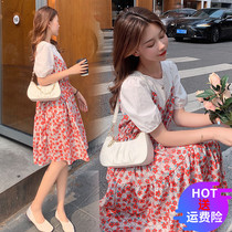 Pregnant woman summer dress dress dress with small fresh and broken floral dress 2022 new splicing fake two net red pregnant woman skirt summer
