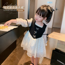 Fake two-piece dress girl Poldot Temperament Foreign Air Lace 2022 Spring New Middle Childrens Fakic Horse Chia Skirt