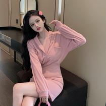One-piece dress Femininity Pink cashew with long sleeves Hip Short Skirt 2022 Autumn Winter New Knit Inner Lap Dresses