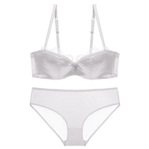 European and American Sexy Summer Half Cup Thin Cup Lace Silk Satin Smear sexy translucent white bra lingerie suit