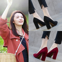 Small fresh thick-heeled high-heeled girl 2021 new spring and autumn wild square head professional spring and summer single shoes red