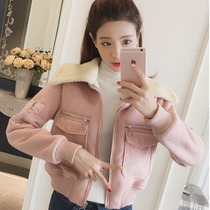 Small sub pink plus suede short coat woman long sleeve 2020 autumn winter new temperament slim fit jacket blouse
