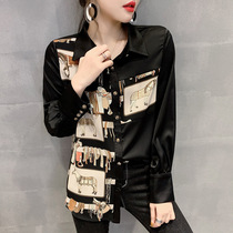 Tide brand Ocnltiy spring new fashion hit color printed shirt long-sleeved western style design sense loose bottoming clothes