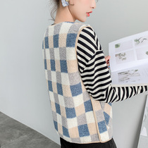 Special price Lamb hair vest female short small man Korean version of loose vest autumn and winter wear lattice student horse clip tide