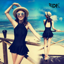 DK one-piece swimsuit women 2021 small chest gathered skirt conservative thin belly sexy halter fairy fan hot spring